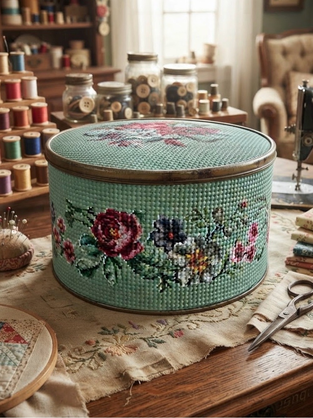 Floral Needlepoint Storage Tin in Mint Green